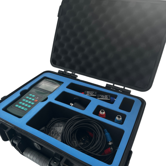 Portable Ultrasonic Flow Meter with clamp-on sensors for non-intrusive fluid measurement in various industrial applications.