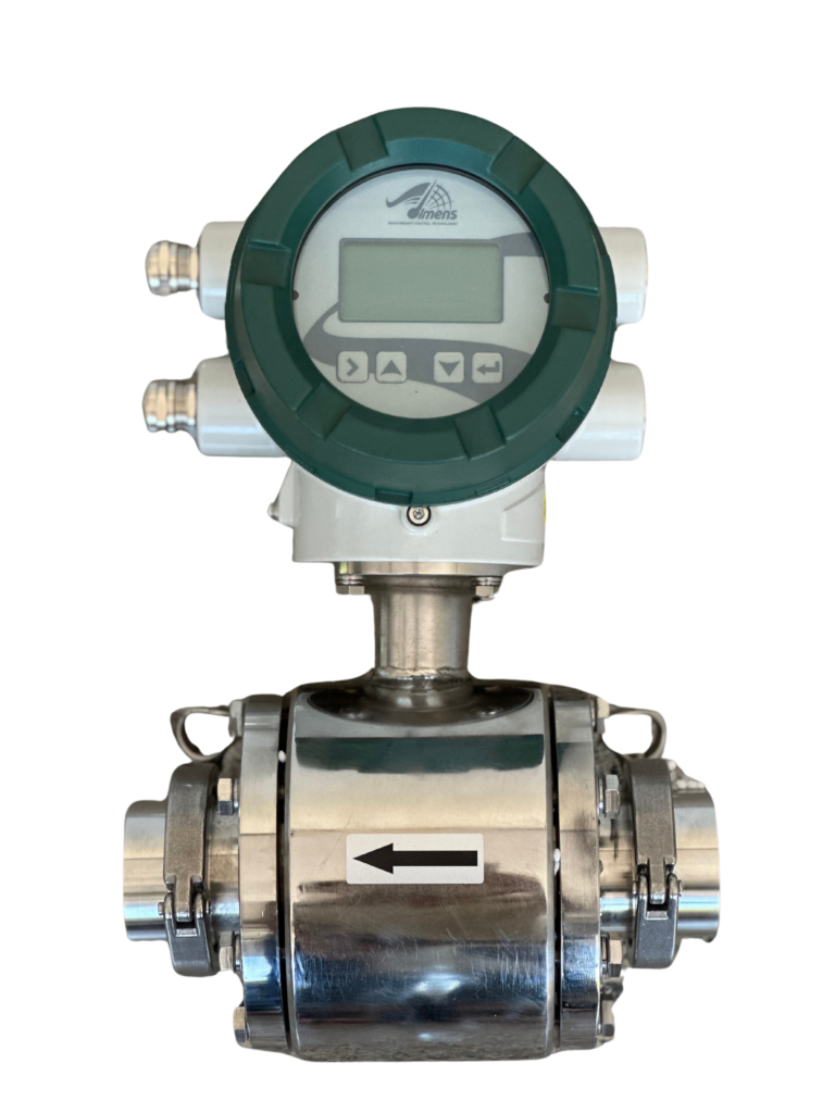 Close-up view of a magnetic flow meter used in industrial processes in India.